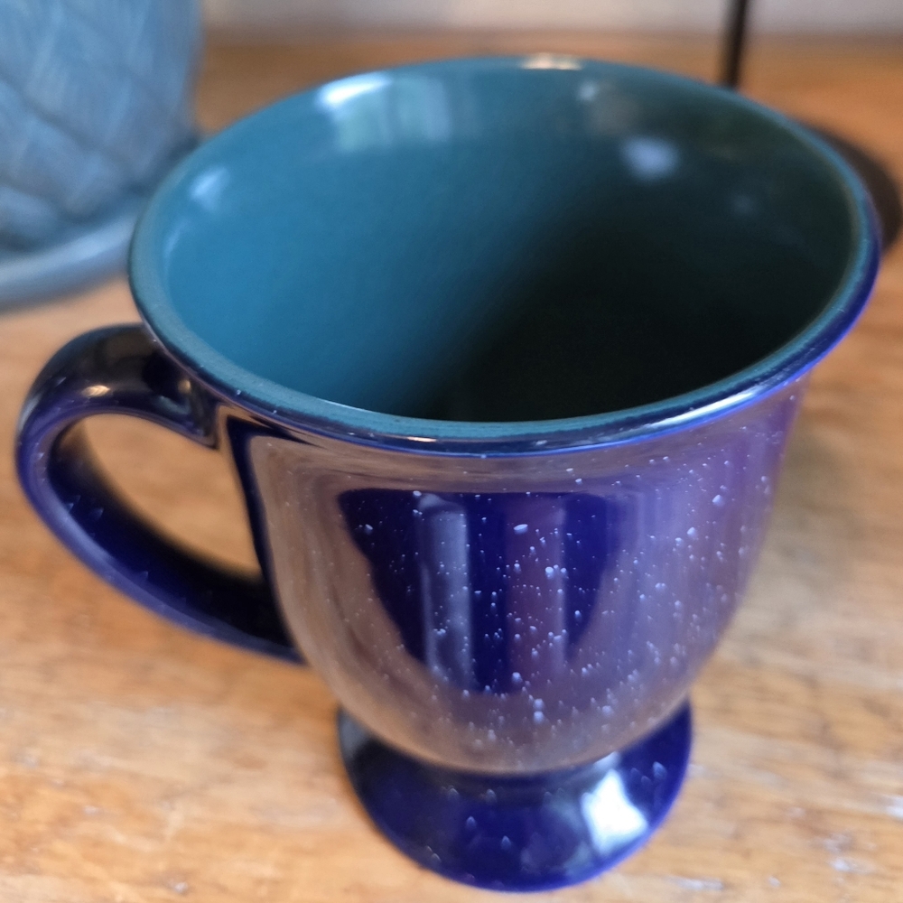 Vtg Denby Pottery Harlequin Blue Speckled Footed Mug Green Interior Coffee Tea